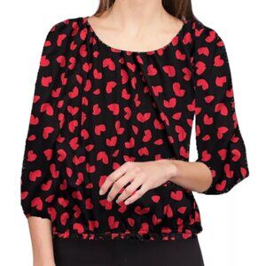 MICHAEL KORS (L) Red Hearts Black Valentine's Peasant Top Blouson Blouse 3/4